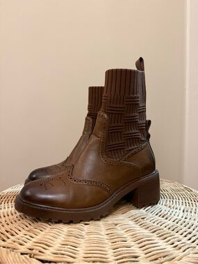 Ladies Brown Leather Sock Ankle Boots with Block Heel